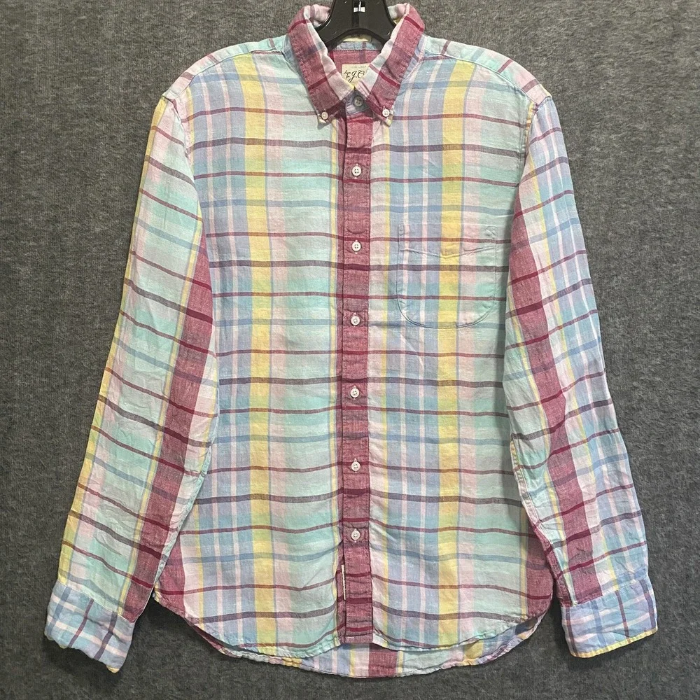 J Crew Shirt Mens Medium Plaid Irish Linen Baird‎ McNutt Slim Fit Preppy Coastal